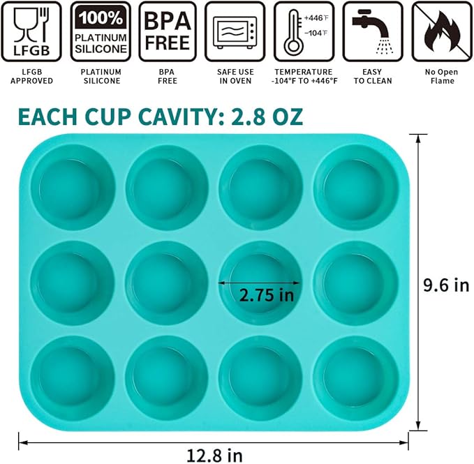 Silicone Muffin Pan Set, Cupcake Pans 12 Cups Silicone Baking Molds, Food Grade, Pinch Test Approved, Pack of 2
