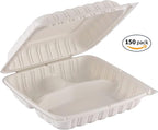 TIYA Clamshell Food Containers - 3-Compartment To-Go Containers - Microwavable Plastic with Hinged Lid - Great for Meal Prep (Bulk 150 Pack, White, 9x9 in) - BPA-Free