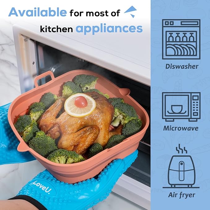 [2 Pack] Silicone Air Fryer Liners Square - Reusable Airfryer Basket - Easy to Clean Air Fryers Pot for 5.8 to 8 Qt Large Air Fryer Baking Tray Oven Accessories, 8.5 Inch