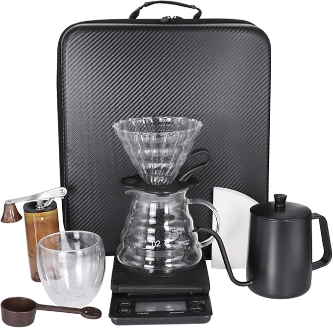 SOTECH Pour Over Coffee Maker Set, Coffee Kettle Scale, Pour Over Coffee Dripper, Bean Grinder, Glass Server, Drip Cup, Filter Paper, All in 1, Traveling Camping Hiking