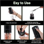 2Pack Electric Salt and Pepper Grinder Set with Power Display, USB Rechargeable Automatic Salt & Pepper Mills, Adjustable Coarseness, 120ml Larger Capacity with LED Light (Black Set)
