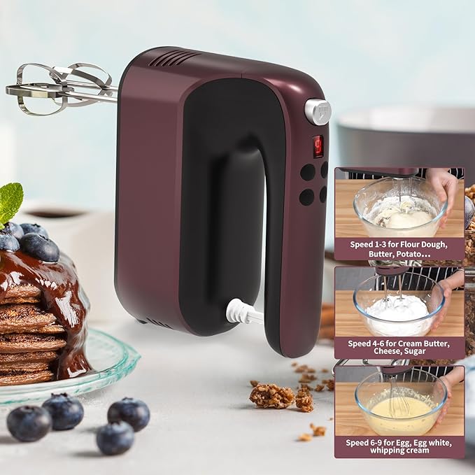 9-Speed Digital Hand Mixer Electric, 400W Powerful DC Motor, Baking Mixer Handheld with Snap-On Storage Case, 5 Stainless Steel Accessories, Flat Beaters, Dough Hooks, Whisk (Grape Purple)