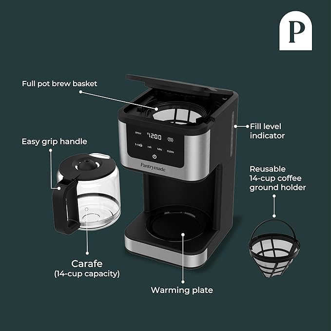 Deluxe 14 Cup Programmable Drip Coffee Maker with Glass Carafe | Large Capacity Coffee Maker 14 Cup with, Auto Shut-Off & Timer | Classic Black