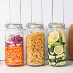 78oz Glass Food Storage Jars with Airtight Clamp Lids, 3 Pack Wide Mouth Large Kitchen Canisters for Flour, Cereal, Beans, Pasta and Canning, Square Mason Jar with Labels