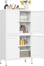 White Storage Cabinet with 4 Doors and 2 Adjustable Shelves,Narrow Food Pantry Cabinet with Leg,24 inch Wide Bathroom Cabinets,Small Metal Storage Cabinets for Home Kitchen,Dining/Living/Laundry/Room