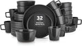 Stone Lain Celina Stoneware 32 Piece Dinnerware Set, Plates and Bowls, Black Matte Dish Collection, Service for 8 – Contemporary Minimalist Style, Microwave & Dishwasher Safe