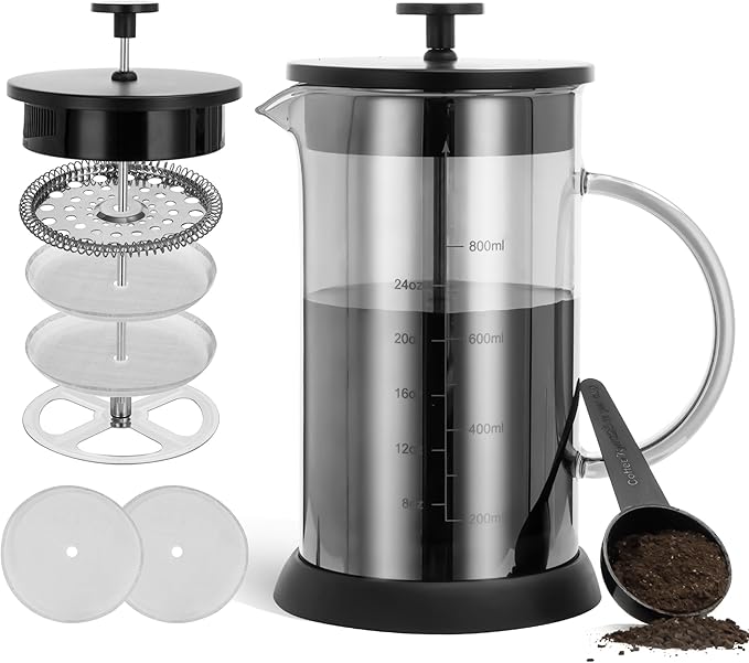 34 Ounce French Press Coffee Maker, 5-Cup Espresso Coffee Maker, Grey Cold Brew Heat Resistant Thickened Borosilicate Coffee Pot with 4 Stainless Steel Filter Screens