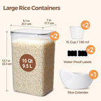 ComSaf Rice Container Set of 2(9.5L/10Qt), Large Airtight Food Storage Containers with Lid and Rice Washer, Plastic Canisters Sets for The Kitchen, Pantry Organizers for Flour, Cereal and Cooking