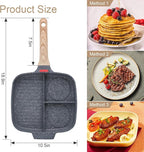 Sectional Skillet, Grill Pans for Stove Tops Nonstick 3 Section Breakfast Pan Meal Skillet Griddle Divided Pan, with Silicone Brush & Clip, 10.5”
