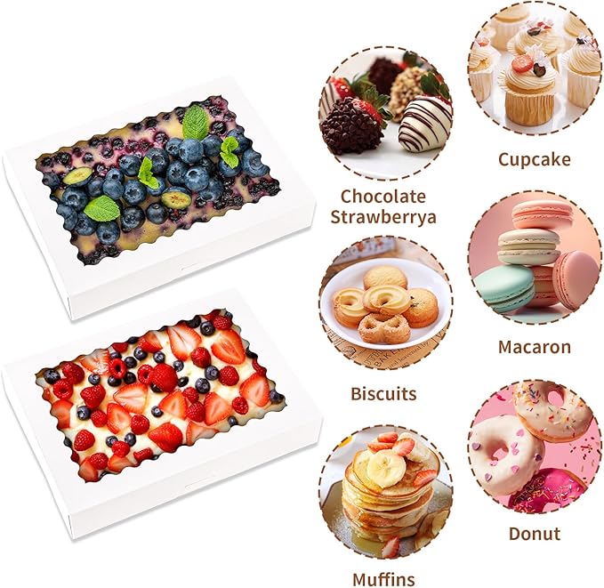 24pcs Cookie Boxes,14x10x2.5 Inch Large Bakery Boxes with Window for Pies Chocolate Strawberries Muffins Donuts Pastry Dessert Christmas(White) (White, 14 * 10 * 2.5inch/24pcs)