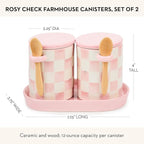 MACKENZIE-CHILDS Set of 2 Ceramic Farmhouse Canisters, Kitchen Storage Containers with Lids, Pink-and-White Rosy Check