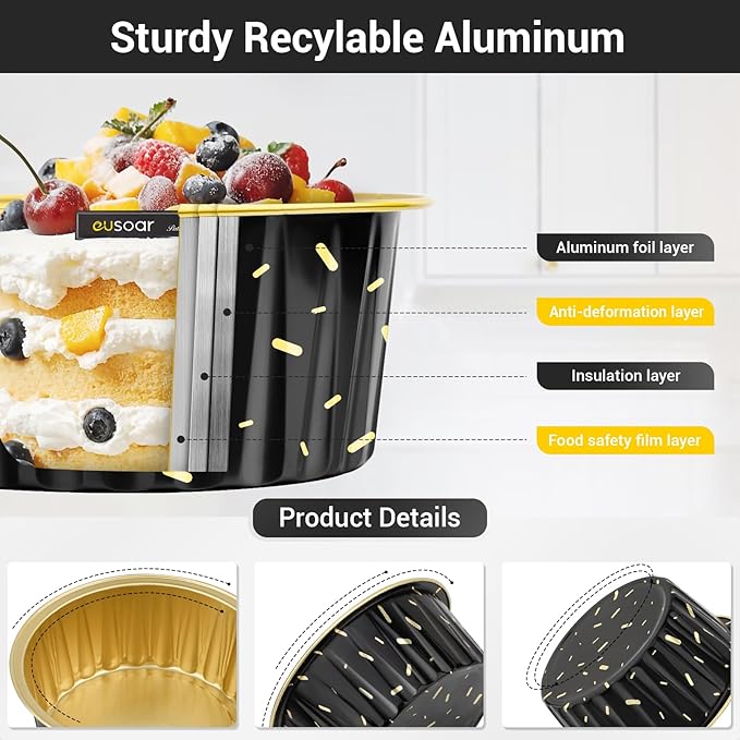 EUSOAR Disposable Ramekins, 200pcs 5oz Aluminum Cupcake Baking Cups Reusable, Mini Muffin Cups Cupcake Liners with Lids, Creme Brulee Containers Mold Tin, for Party Family Gathering Shower Catering