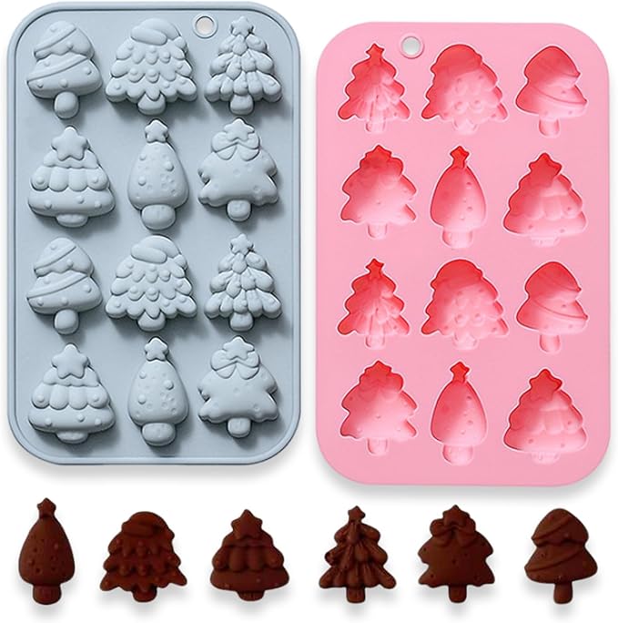 2 Pcs Christmas Tree Silicone Molds, 6 Types 12 Cavity Christmas Tree Shaped Candy Baking Moulds, for Chocolate Jelly Soap Fondant Candy Candles Pastry Gummies Cake DIY Decorating