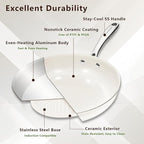 9.5" Ceramic Frying Pan Nonstick, Skillet, Cooking Pan Non Toxic with Stay Cool Handle for Induction, Chef's Pan, PTFE & PFAS & PFOA Free, Dishwasher/Oven Safe, White
