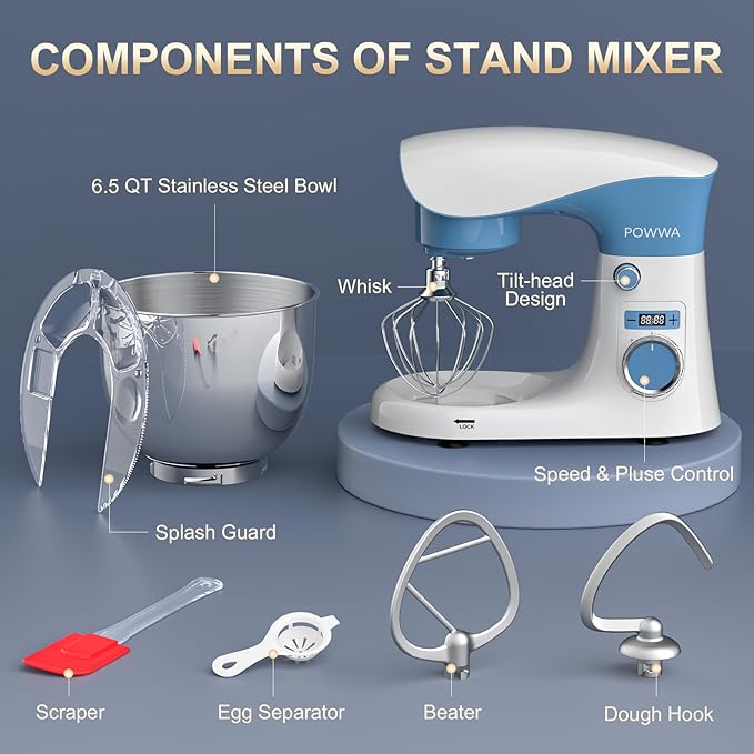 Stand Mixer, POWWA 6.5 QT 10 Speeds Tilt-Head Electric Stand Mixer, 3-In-1 Kitchen Mixer with Bowl, Dough Hook, Whisk and Beater, Food Mixer for Baking and Daily Use (White Blue)