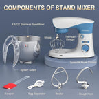 Stand Mixer, POWWA 6.5 QT 10 Speeds Tilt-Head Electric Stand Mixer, 3-In-1 Kitchen Mixer with Bowl, Dough Hook, Whisk and Beater, Food Mixer for Baking and Daily Use (White Blue)