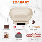 Heating Banneton Bread Proofing Basket Kit, Sourdough Starter Kit, 6 Adjustable Temp (77℉-122℉) Banneton Baking Supplies with Recipe, Smart Thermostatic Silicone Batter Bowl with Timer and LED Display
