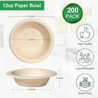 Compostable Paper Bowls 12 oz, 200 Pack Bowls Disposable Heavy Duty, Microwavable Eco-Friendly Biodegradable Bowl for Snacks, Milk, Cereals, Soup, Natural Brown