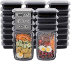 LIYH 100 Pack (200 Pcs) 32 oz Meal Prep Containers Food Storage Containers Black 1 Compartment Food Containers with Lids Lunch Boxes Plastic Bento Box Reusable Microwaveable Dishwasher Safe