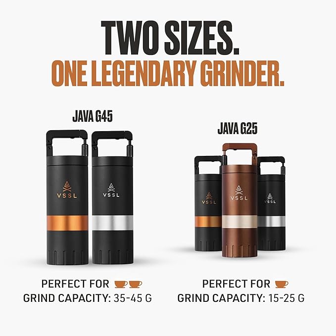 VSSL Java G25 Manual Coffee Grinder | Coffee for Camping | Bean Grinder | Travel Pour Over | Stainless Steel Conical Burr | ~ 25 Gram Capacity | Extendable Grind Handle | 50 Grind Settings | Carbon