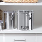 OGGI Stainless Steel Canister 62oz - Airtight Clamp Lid, Clear See-Thru Top. Large Size 5" x 7.5" & Jumbo 8" Stainless Steel Flour Clamp Canister - Airtight Food Storage Container Ideal, Dry Foods