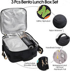 Insulated Lunch Bag for Boys Girls with 10oz Thermo, with 6 Compartment Bento Box, Black Nylon Preppy Lunch Box Adjustable Strap for Boy Girl Kids Teens School Travel Picnic