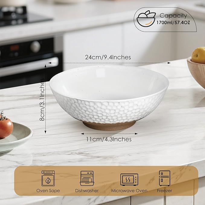 Wotalation Handmade Ceramic Large Serving Bowls, Salad Bowl set. Modern Kitchen Dishes for Dinner, Fruit, Salad. Oven, Dishwasher Safe, Vanilla White, 58 oz, 9.5" (1, 9.5“)