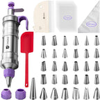 Dessert Decorating Syringe Set icing piping kit Stainless Steel frosting piping kit with 31 professional piping tips 50 disposable piping bags 1 silicone spatula 1 set of soft cake scrapers, Purple