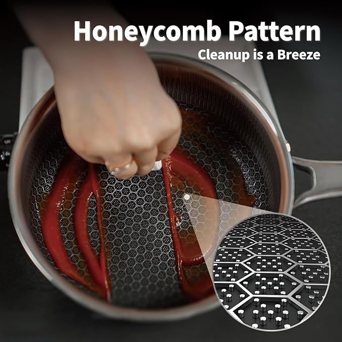 Hybrid Nonstick 2 QT Saucepan with Lid, Stainless Steel Honeycomb Pot with Two Pour Spouts,Compatible with All Cooktops,Dishwasher and Oven Safe