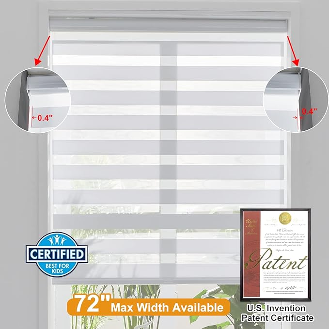 Persilux Cordless Zebra Blinds for Windows Free-Stop Roller Windows Shades (24" W X 72" H, White) Dual Layer Light Control for Day and Night, Light Filtering Sheer Shades for Home, Easy to Install