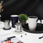 amhomel Porcelain Tea Mug with Infuser and Lid, 16 Ounce Ceramic Tea Cup for Loose Leaf, Coffee, Cocoa and Milk, Tea Gift for Tea Lovers, Set of 2(Navy Blue and White)