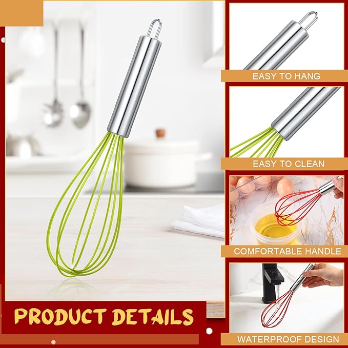 100 Sets 10 Inch Christmas Whisks Gifts DIY Fillable Christmas Tree Ornaments Xmas Colored Silicone Whisks for Cooking Heat Resistant Egg Beaters with Card Rope Bag for Candy Holder