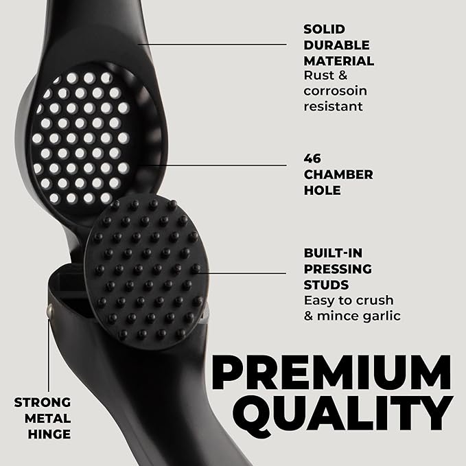Zulay Kitchen Premium Garlic Press Set – Rust Proof & Dishwasher Safe Garlic Mincer Tool with Silicone Garlic Peeler & Brush, Easy Squeeze & Clean, Ergonomic Soft Grip Handle - Medium – Black