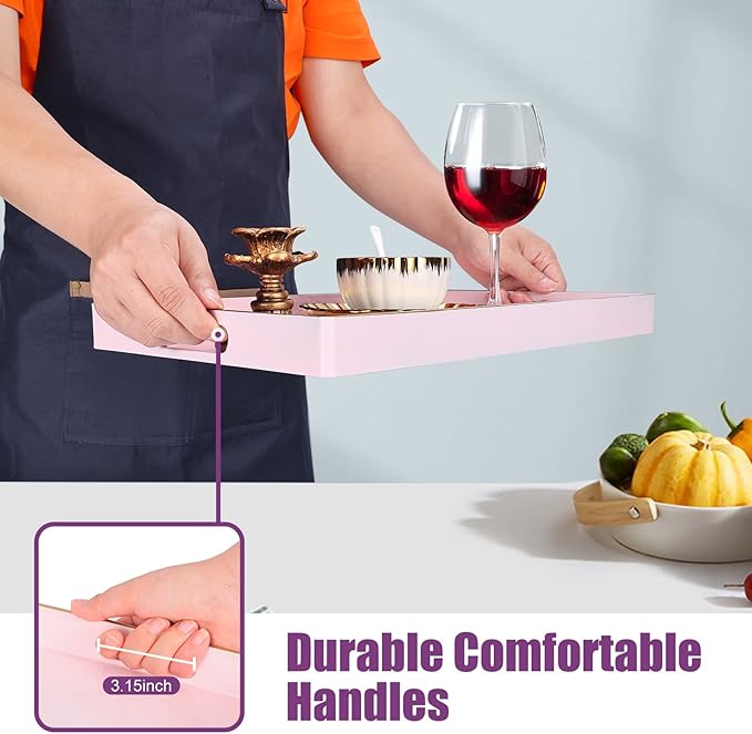 Gifturbo Pink Serving Trays,Decorative Serving Tray with Handles, Coffee Table Rectangular Trays Plastic Tray for Ottoman Bathroom,Living Room, 15.7” x 10.2” x1.37”