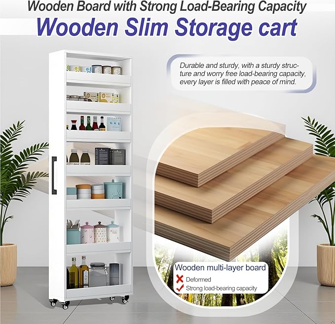 7-Tier Slim Storage Cart, Wooden Rolling Pantry Cabinet with Wheels, Narrow Shelf Organizer for Kitchen, Bakers Rack, Dining Room, Closet, Small Spaces Gray 47.2" H*5.9" W*16.9" D