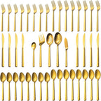Alata Cube Gold 45-Piece Flatware Set, Forged Cutlery Set, Matte Gold Silverware Service for 8, Stainless Steel Tableware with Square Handle for Home/Restaurant, Dishwasher Safe