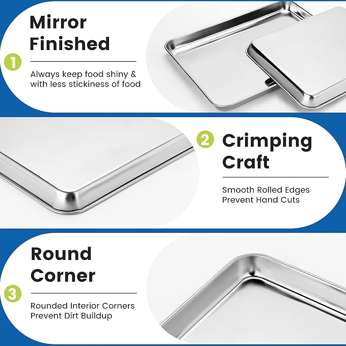 12 Pack Stainless Steel Baking Sheet Pans, 10.5" L × 8" W × 1" H Cookie Sheets for Toaster Oven, Rust-Resistant, Dishwasher Safe