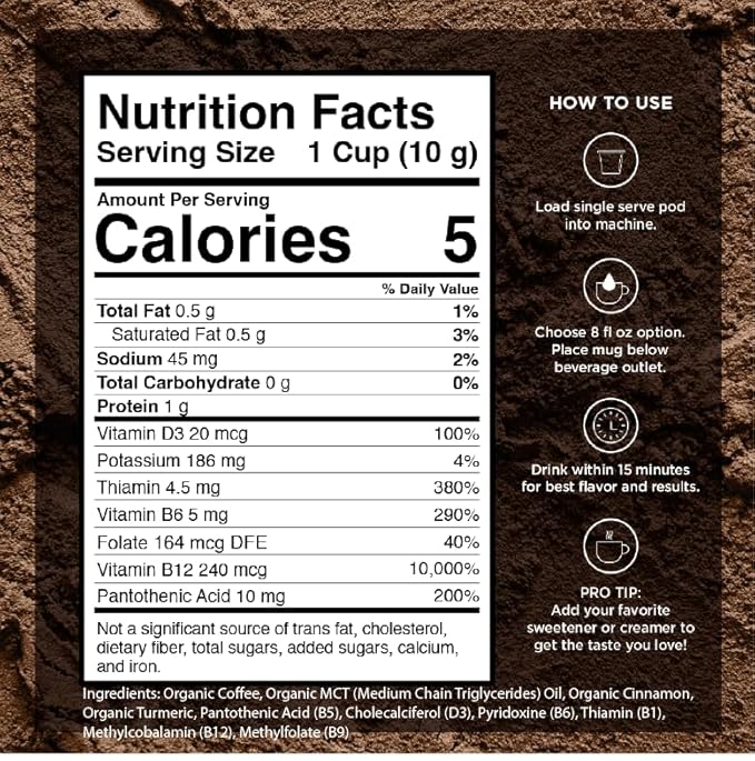 VitaCup Organic Genius Keto Coffee Pods, Increase Energy & Focus w/MCT Oil, Turmeric, B Vitamins, D3, Medium Dark Roast, Bold, Smooth, Single Serve Pod Compatible w/Keurig K-Cup Brewers, 24 Ct