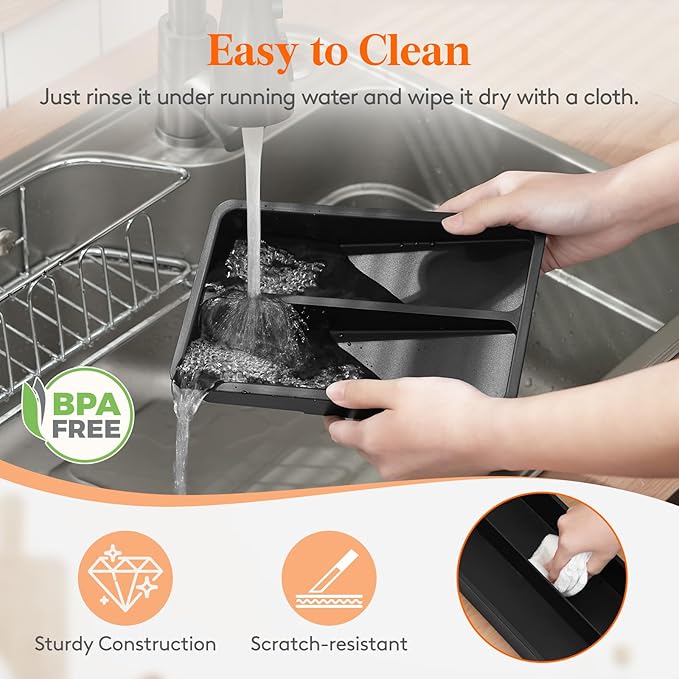 Lifewit Compact Silverware Organizer for Kitchen Drawer, Narrow Flatware Tray Holder, Plastic Cutlery Spoons, Forks and Knives Storage, Black, 2 Pack