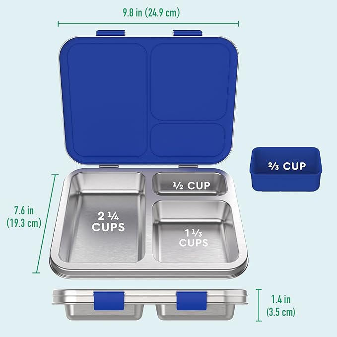 Bentgo Kids Stainless Steel Prints Leak-Resistant Lunch Box - 3-Compartments with Bonus Silicone Container, Durable, Eco-Friendly, Dishwasher Safe, BPA-Free, Ideal for School, Ages 3+ (Shark)