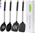 Silicone Spatula Spoon Set, 4 PCS Silicone Cooking Utensils Spatula Spoon Set with Stainless Steel Handle, BPA Free Kitchen Turners for Frying, Mixing, Serving, Draining, Turning, Stirring, Black