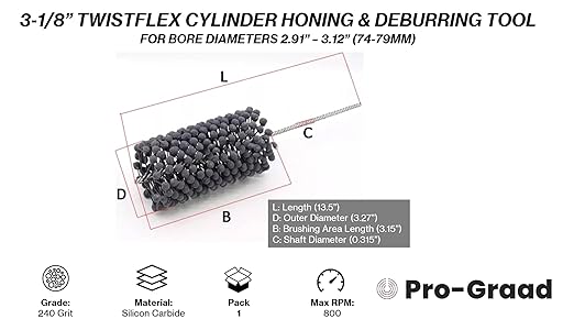 TwistFlex 3-1/8" 240SC Cylinder Hone | 3.125" Flexible Cylinder Honing & Deburring Tool | Bore Brush for Hole Diameters 2.91" - 3.12" | Silicon Carbide 240 Grit | 0.31" Shank | 13.5" Length