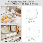 Compact Vacuum Sealer for Food (Vacuum Sealer Machine + 20 Reusable Vacuum Bags), Powerful Handheld Vacuum Sealer Machine, Seal Food 6X Fresh Longer, Portable & Wireless, Easy-Clean