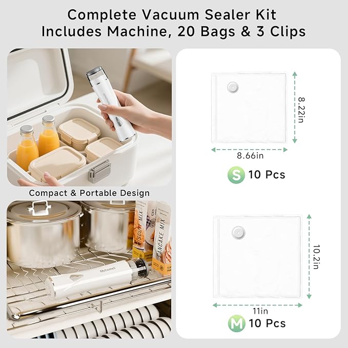 Compact Vacuum Sealer for Food (Vacuum Sealer Machine + 20 Reusable Vacuum Bags), Powerful Handheld Vacuum Sealer Machine, Seal Food 6X Fresh Longer, Portable & Wireless, Easy-Clean