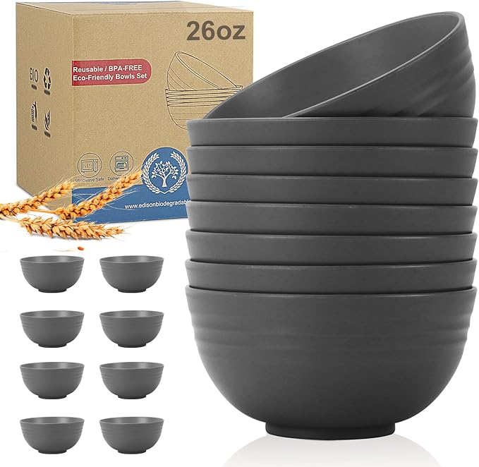 Wheat Straw Bowl Sets for Camping,8 PCS Unbreakable Cereal Bowls 26 OZ,Microwave and Dishwasher Safe Bowls,Kids Bowl suitable for cereal,salad,snack and soup (Deep Grey)