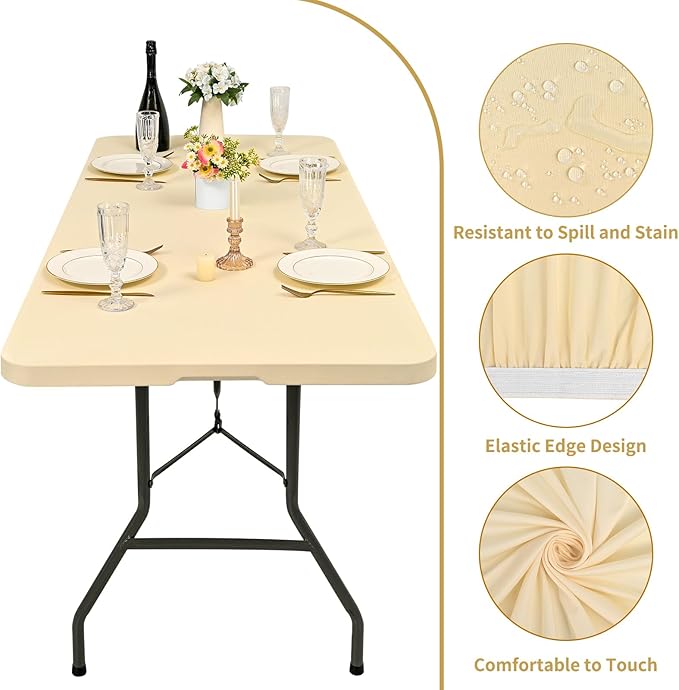 10 Pack Fitted Tablecloth for 6 Foot Rectangle Tables, Beige Elastic Outdoor Picnic Table Cover, Washable Stretch Folding Table Cloths 6 ft for Camping Party Patio Kitchen Banquet, 30" W x 72" L