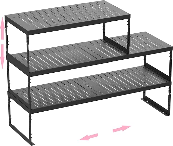 Stackable Expandable Metal Shelf Organizer - Adjustable Wire Storage Rack with Holes for Kitchen, Bathroom, Cabinet, Office - Space Saving, Durable & Sturdy Design（3PACKS/Medium/Black