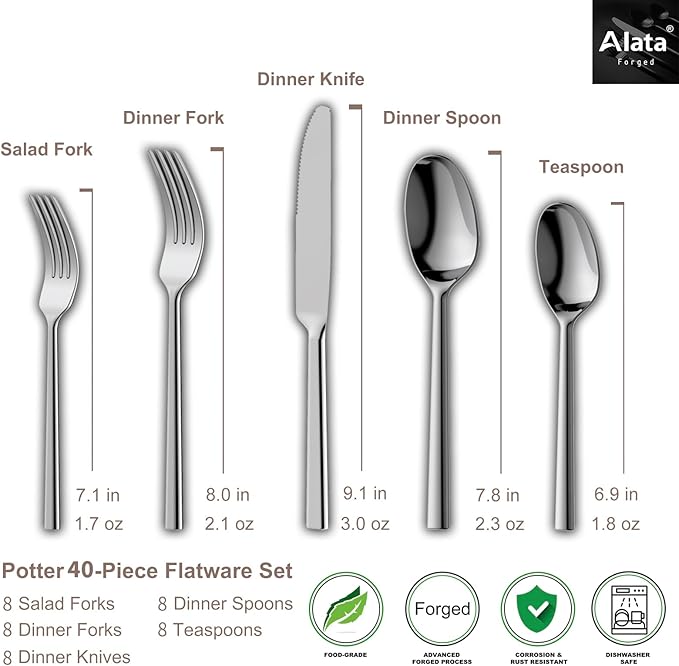 Alata Potter 40-Piece Forged Silverware Set Stainless Steel Flatware Set Cutlery Set, Service for 8, Mirror Finish, Dishwasher Safe