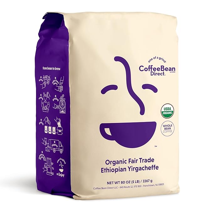 Coffee Bean Direct Organic Fair Trade Ethiopian Yirgacheffe, Whole Bean Coffee, Light Roast, 5 Pound Bag (Pack of 1)