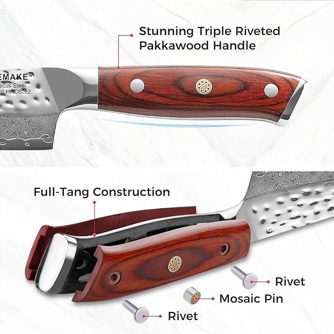 KEEMAKE Damascus Chef Knife 8 inch - Kiritsuke knife with Hammered Damascus Steel Blade Kitchen Knives, Pakkawood Handle Chopping Knife for Meat Cutting, w/Walnut Sheath
